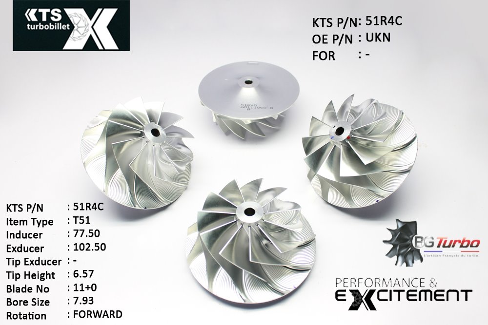Turbo ROUE FORGÉE MFS PERFORMANCE - 11+0 PALES - INDUCER : 77,5 - EXDUCER : 102,5 - TYPE : T51ANGLE : 60° - ROTATION : Forward - SUPER BACK : 6,25 - BORE SIZE : 7,93
